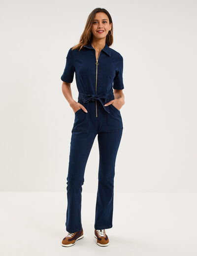 Combinaison pantalon en jean zipp&eacute;e denim brut femme
