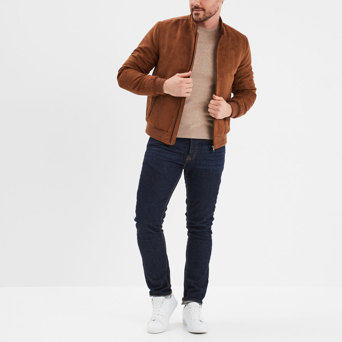Pull droit col rond coton m&eacute;lang&eacute; beige homme