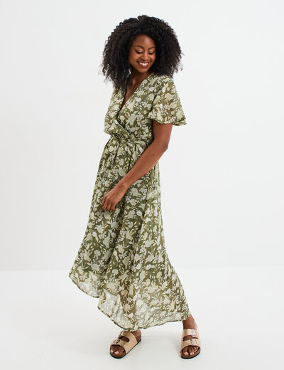 Robe longue évasée col cache-coeur vert kaki femme