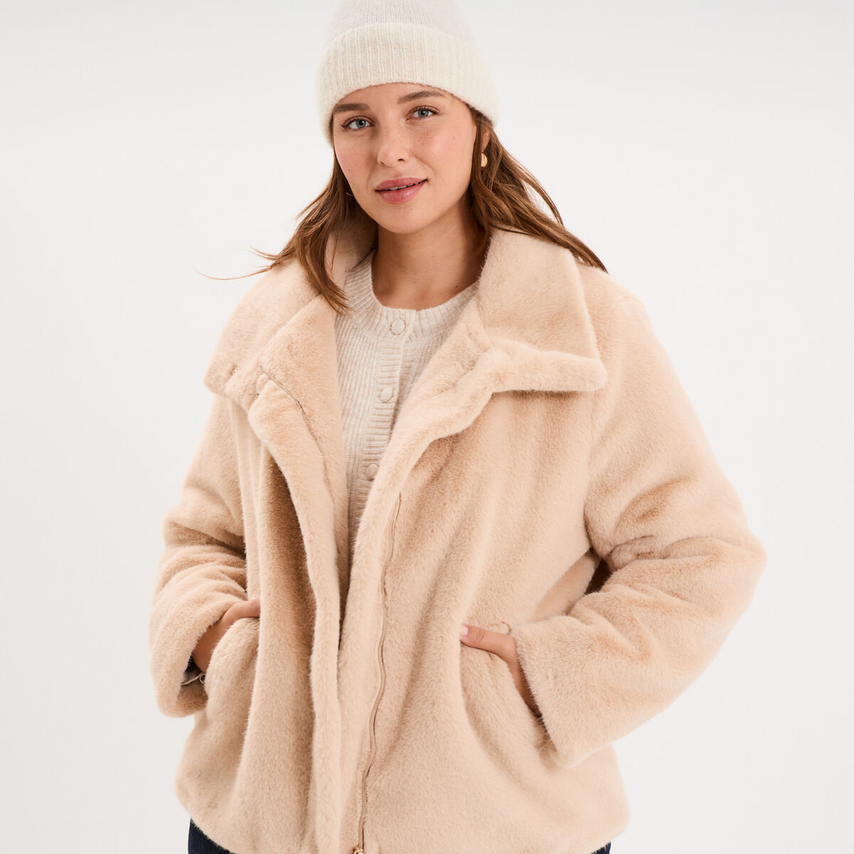 Veste fausse fourrure col montant beige femme grande taille