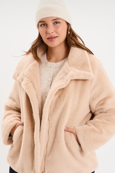 Veste fausse fourrure col montant beige femme grande taille
