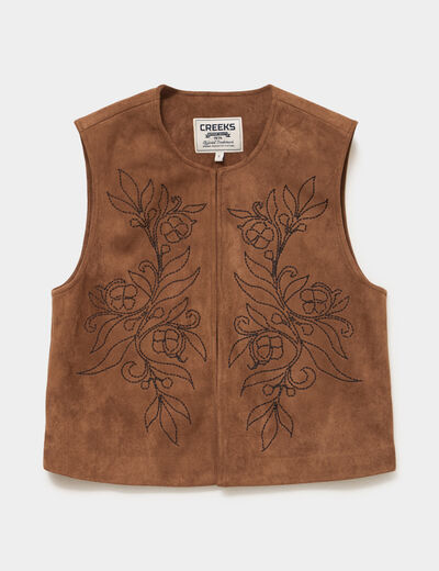 Veste sans manches brod&eacute;e en su&eacute;dine marron femme