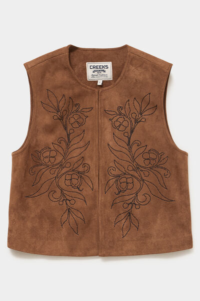 Veste sans manches brod&eacute;e en su&eacute;dine marron femme