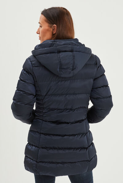 Doudoune mi-longue à capuche bleu marine femme