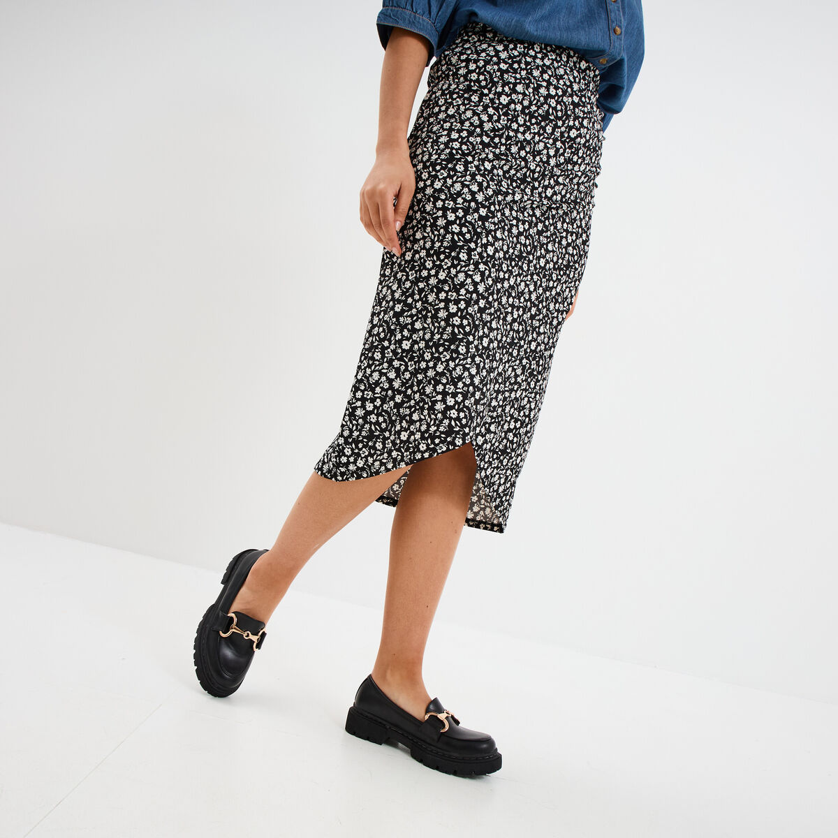 Jupe midi portefeuille noir femme