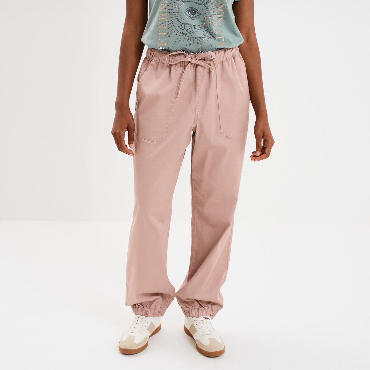 Pantalon droit battle taille élastiquée rose poudrée femme