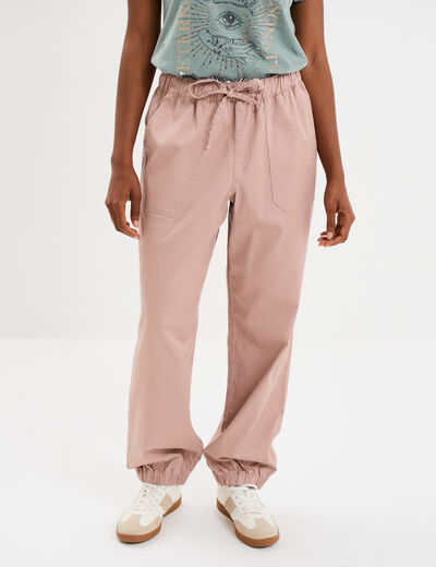 Pantalon droit battle taille élastiquée rose poudrée femme