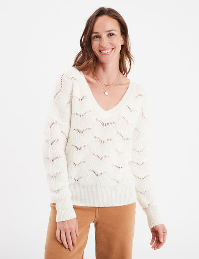 Pull ajouré col en V manches longues sable femme