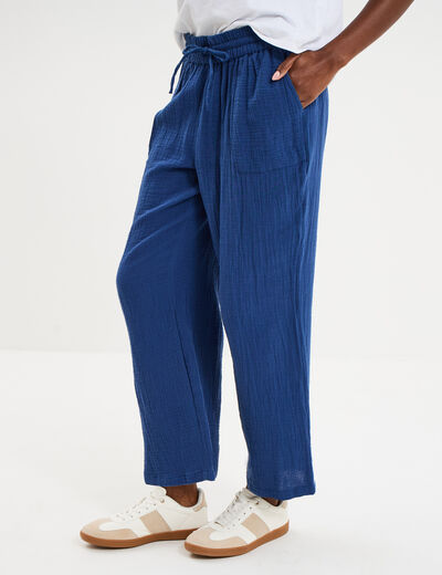 Pantalon fluide &eacute;lastiqu&eacute; gaze de coton bleu marine femme