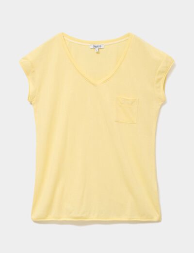T-shirt col v poche poitrine jaune pastel femme