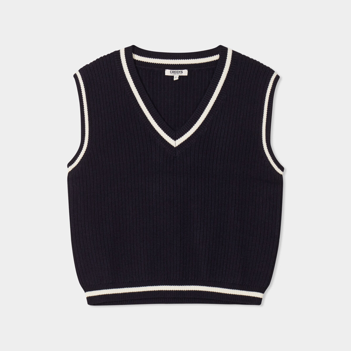 Pull sans manches col en V bleu marine femme
