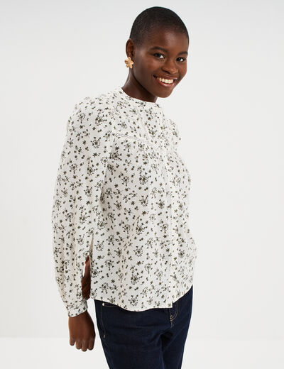 Blouse droite manches longues coton ecru femme