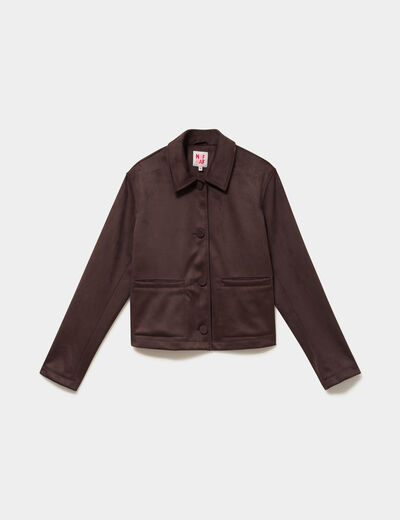 Veste paletot en su&eacute;dine boutonn&eacute;e marron fonc&eacute; femme