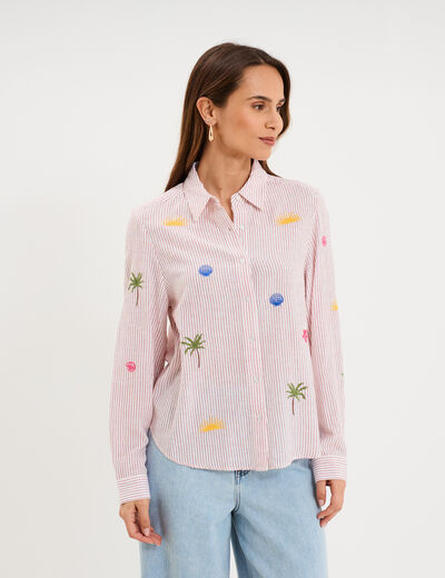 Chemise brod&eacute;e manches longues rouge femme