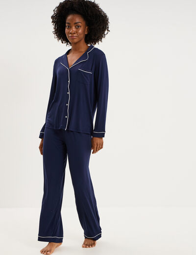 Ensemble pyjama pantalon et chemise bleu marine femme