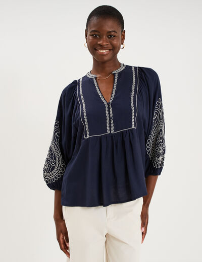 Blouse brod&eacute;e oversize col tunisien bleu fonc&eacute; femme