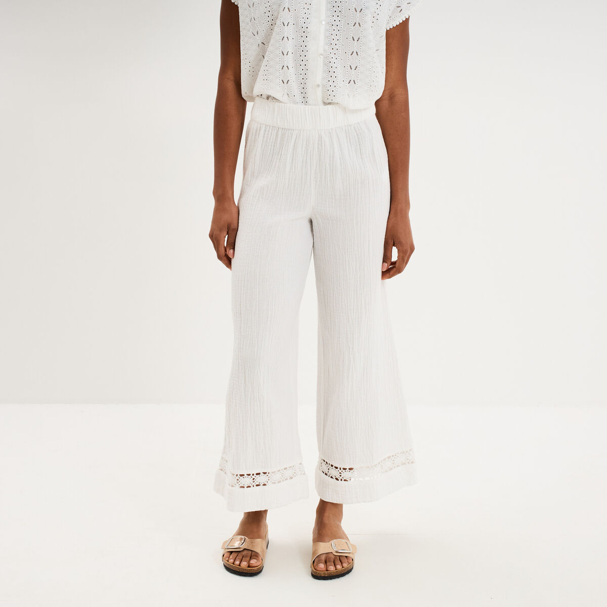 Pantalon large &eacute;lastiqu&eacute;e gaze coton blanc femme