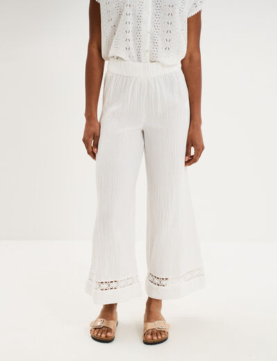Pantalon large &eacute;lastiqu&eacute;e gaze coton blanc femme