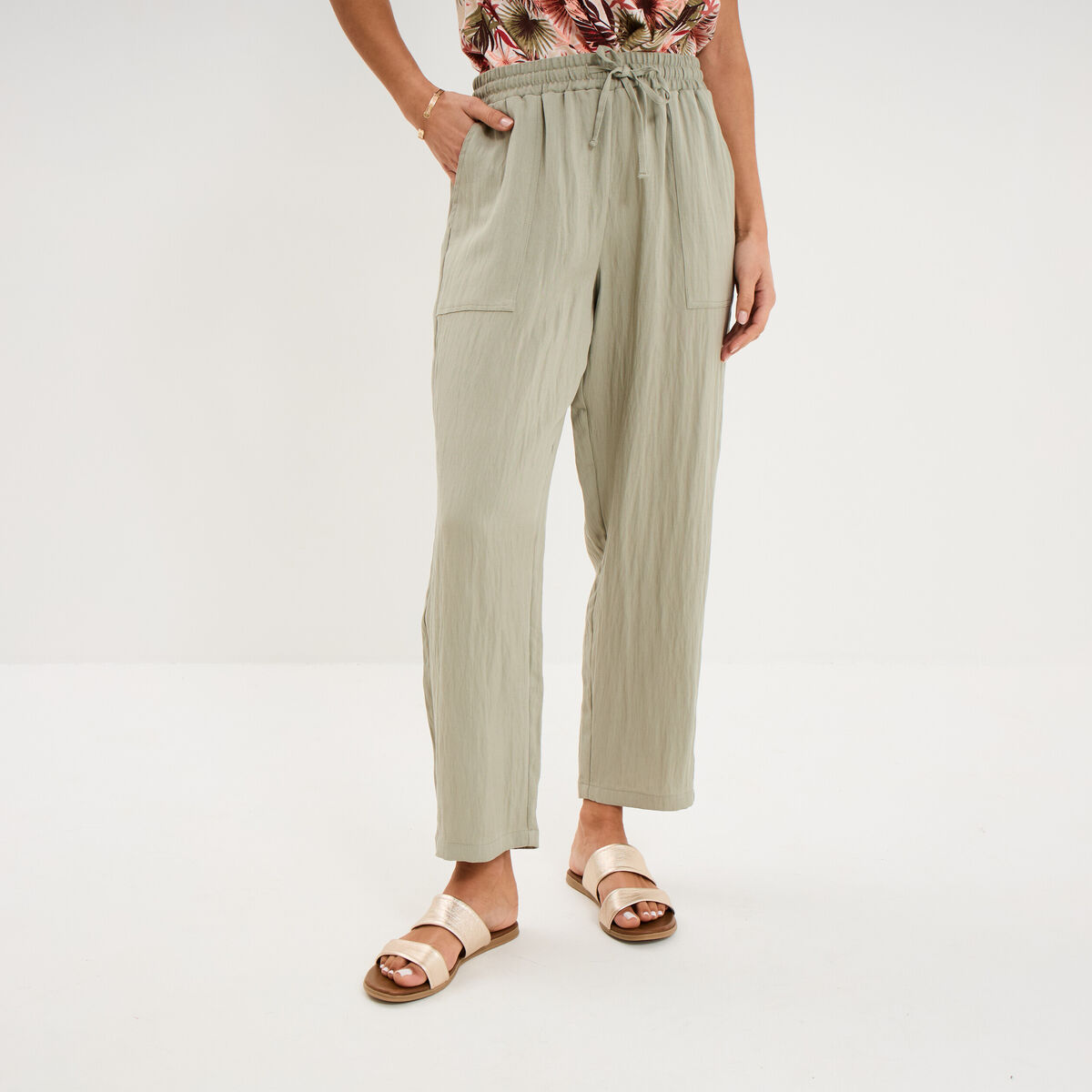 Pantalon fluide carotte &eacute;lastiqu&eacute;e vert kaki femme