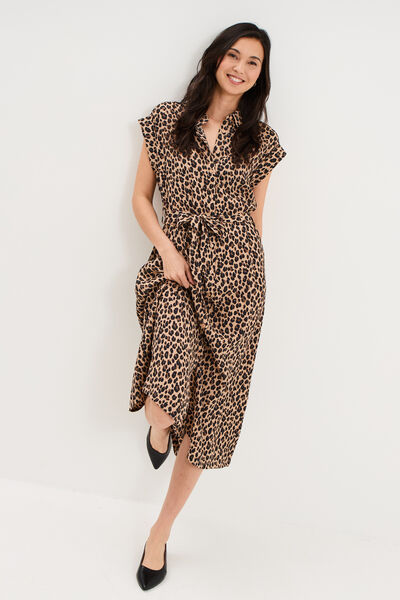 Robe chemise longue taille ajustable beige clair femme