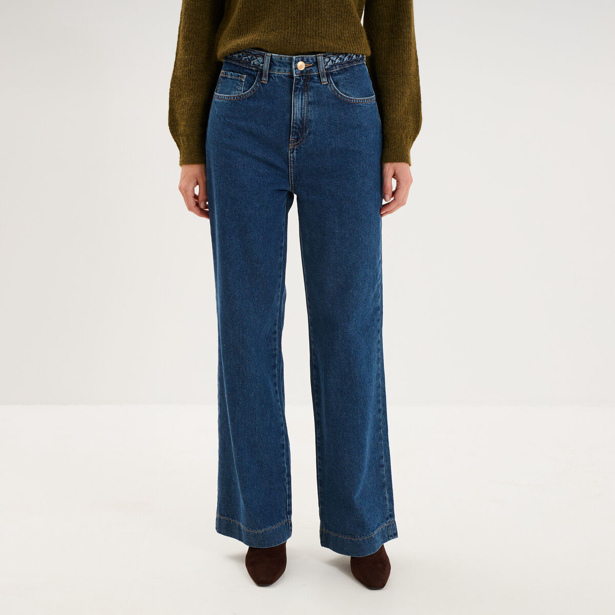 Jean large taille haute ceinture tress&eacute;e denim stone femme