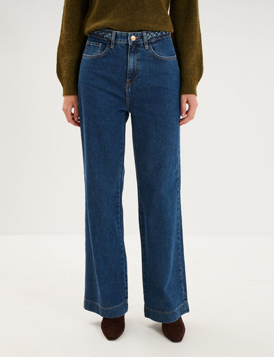 Jean large taille haute ceinture tress&eacute;e denim stone femme