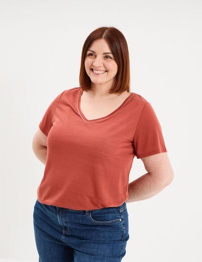 T-shirt manches courtes col V vieux rose femme grande taille