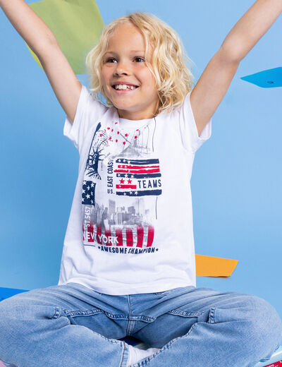 T-shirt col rond manches courtes coton blanc gar&ccedil;on