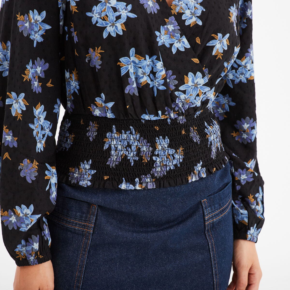 Blouse cache-coeur taille smockée noir femme