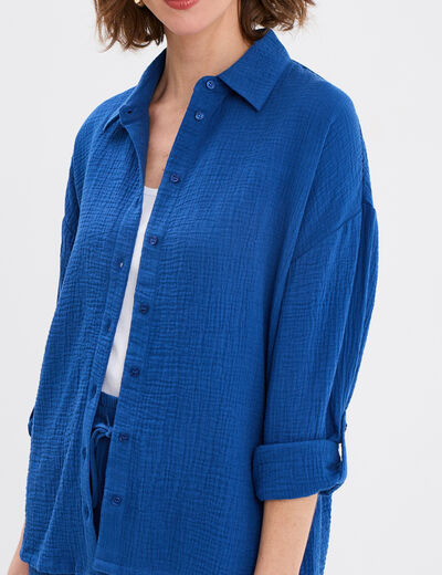 Chemise manches longues en gaze de coton bleu marine femme