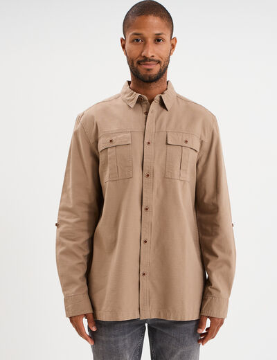 Chemise manches retroussables taupe homme