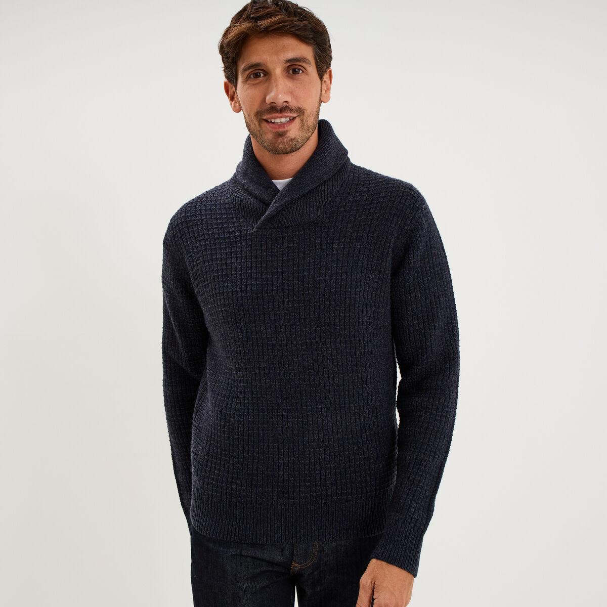 Pull col ch&acirc;le manches longues bleu marine homme
