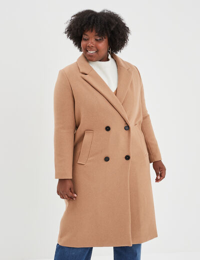 Manteau long double boutonnage taupe femme grande taille