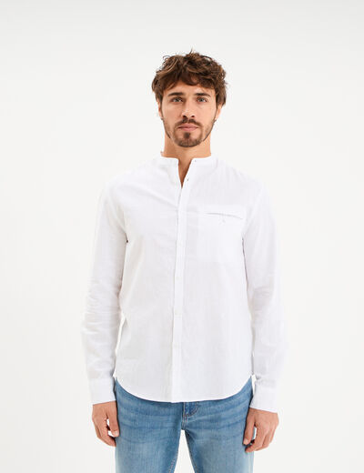 Chemise col mao lin m&eacute;lang&eacute; blanc homme