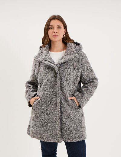 Manteau aspect bouclette &agrave; capuche gris femme grande taille