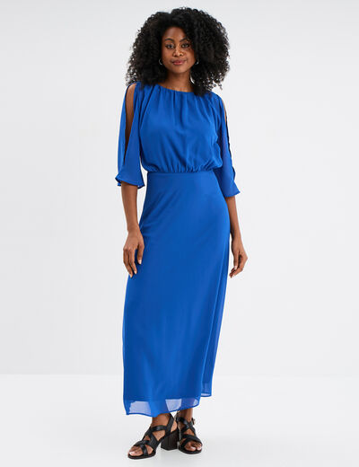 Robe midi manches 3/4 fendues bleu roi femme