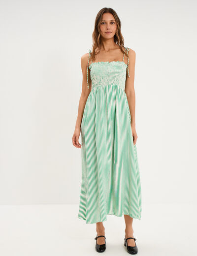 Robe longue &agrave; bretelles et haut smock&eacute; vert femme