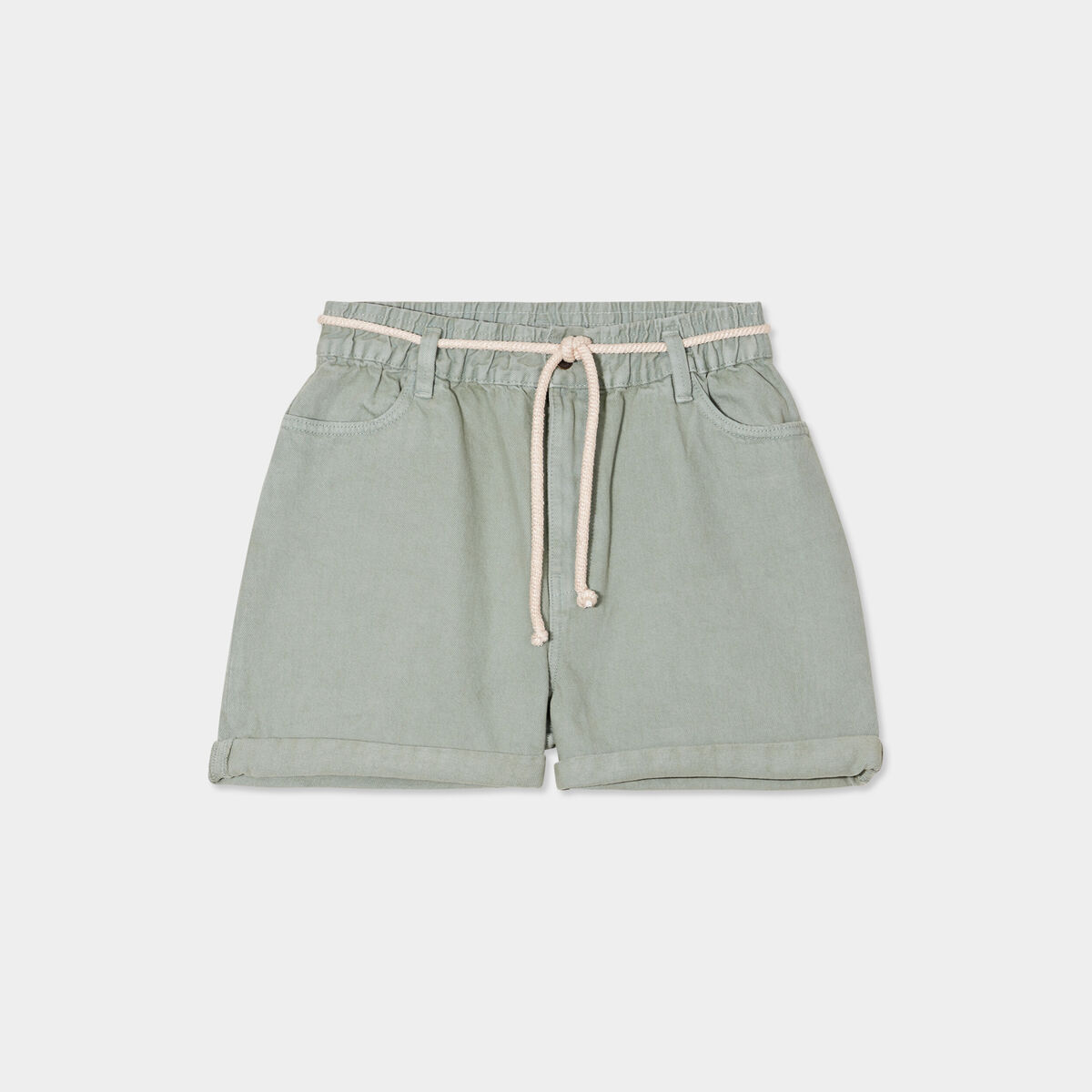 Short en jean ceinture élastiquée vert foncé femme