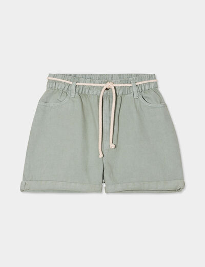 Short en jean ceinture élastiquée vert foncé femme