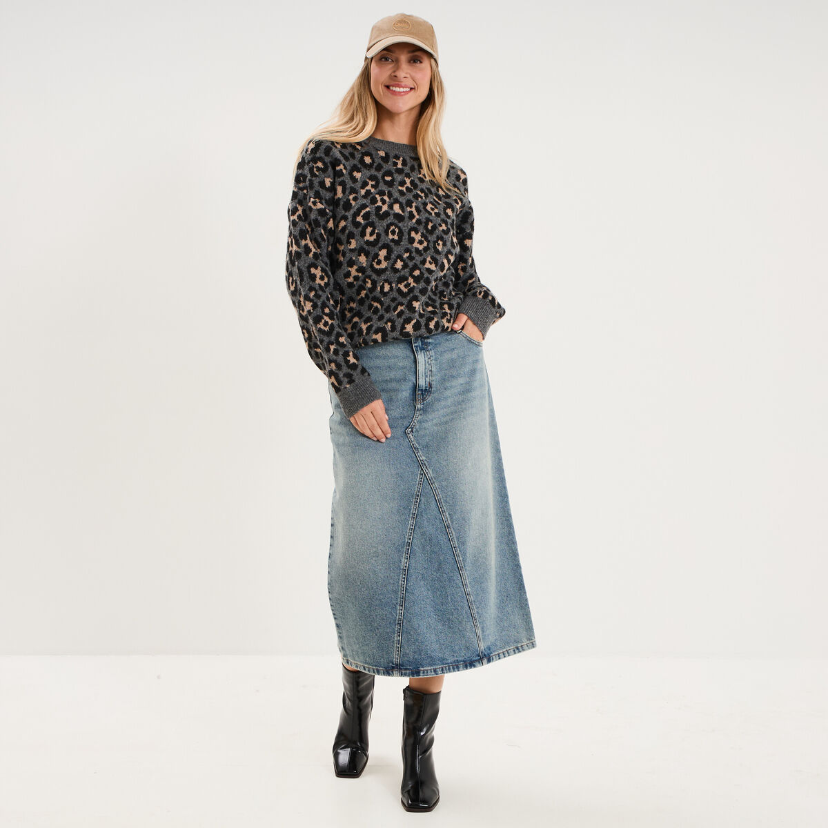 Pull col rond &agrave; manches longues gris moyen femme