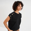 T-shirt gaufr&eacute; col rond avec boutons noir femme