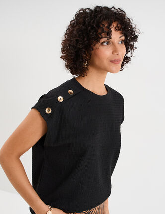 T-shirt gaufr&eacute; col rond avec boutons noir femme