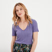 T-shirt col en V côtelé violet foncé femme