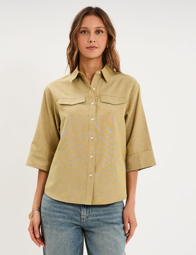 Chemise manches 3/4 poches poitrine vert olive femme