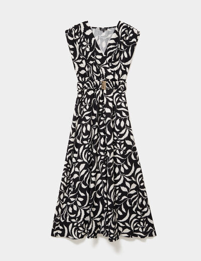 Robe longue cintr&eacute;e ceinture smock&eacute;e noir femme