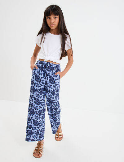 Pantalon fluide large taille élastiquée bleu fille