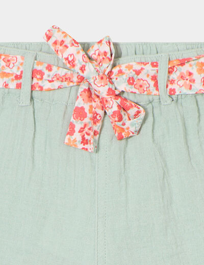 Short ceinture foulard en gaze de coton vert pastel bébé fille