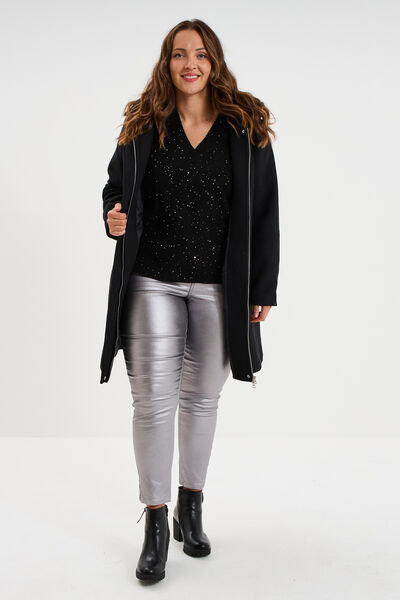 Pull droit col en V avec sequins noir femme grande taille