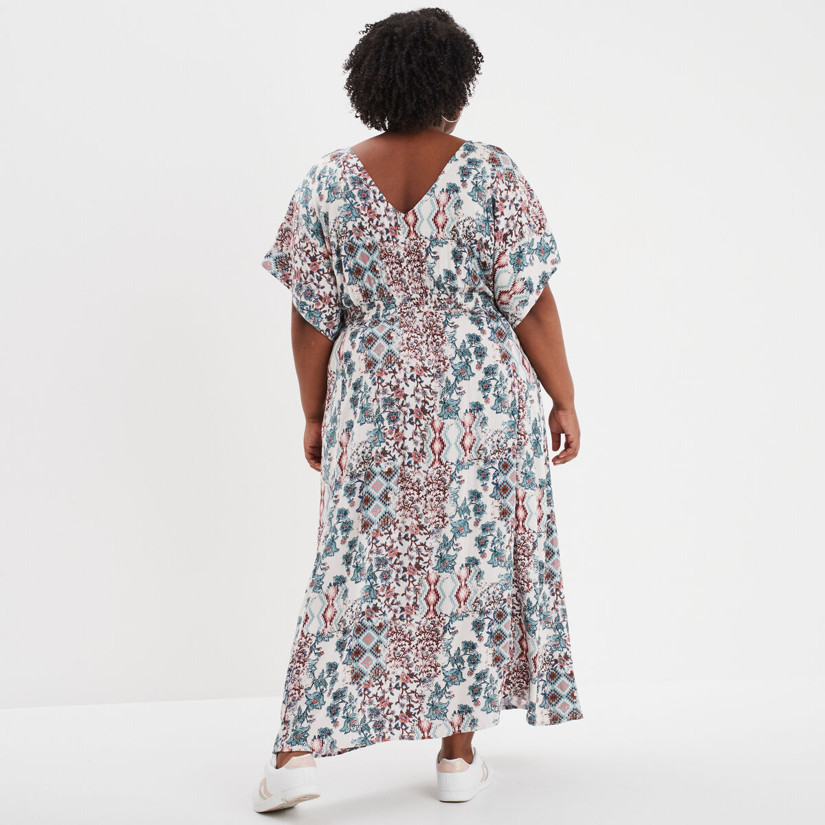 Robe longue col en V fluide ecru femme grande taille