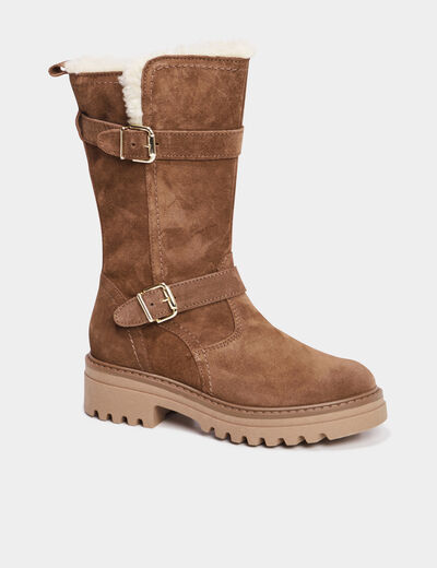 Bottes fourrées avec brides en cuir camel fille